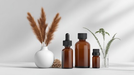 Fototapeta premium Amber glass cosmetic bottles with a dropper a white vase with pampas grass and green leaves on a white surface