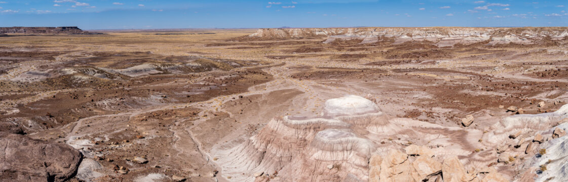 Petrified Forest National Park in Arizona. Painted Desert View from Kachina Point. The Painted Desert desert of badlands known for its brilliant and varied colors: red, lavender, and orange. 