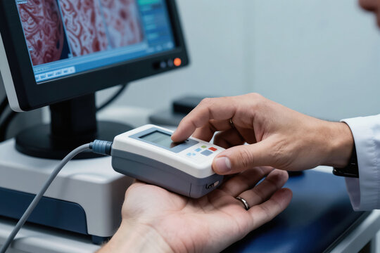 Doctor uses diagnostic machine for patient hand examination. Medical device displays brain scan data. Healthcare pro performs neurological checkup for systemic sclerosis diagnosis.