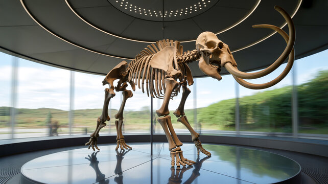 Mammoth skeleton on display in a modern indoor setting with large windows