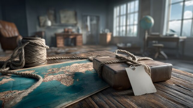 Retro travel map with wrapped parcel on wooden table indoors