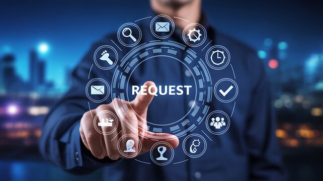 Businessman using digital request interface with virtual communication technology icons