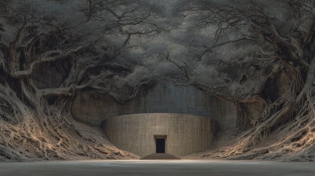 Mysterious ancient underground room hidden in dark forest with massive twisted tree roots