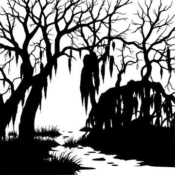 A hauntingly beautiful silhouette of swamp trees with hanging Spanish moss in a misty, mysterious wetland landscape at dusk, evoking a sense of eerie calm and natural wonder.