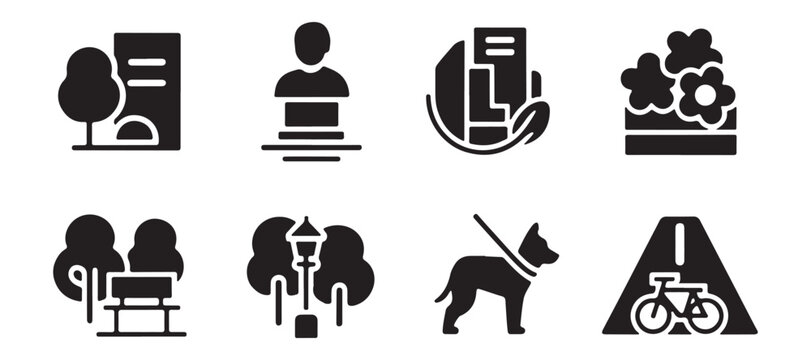 Black icons set, urban, transportation, and lifestyle symbols, 8 elements, vector graphics