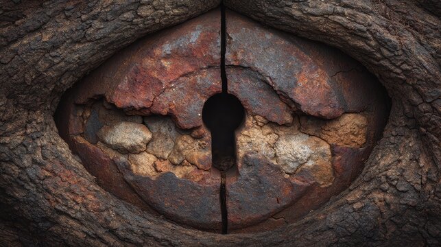 Close-up detail of old rusty metal lock with textured corroded surface and keyhole