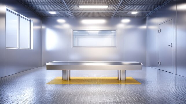 Modern clinical medical room with stainless steel autopsy table