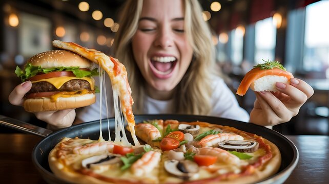 Happy woman enjoying cheesy pizza and burgers in restaurant