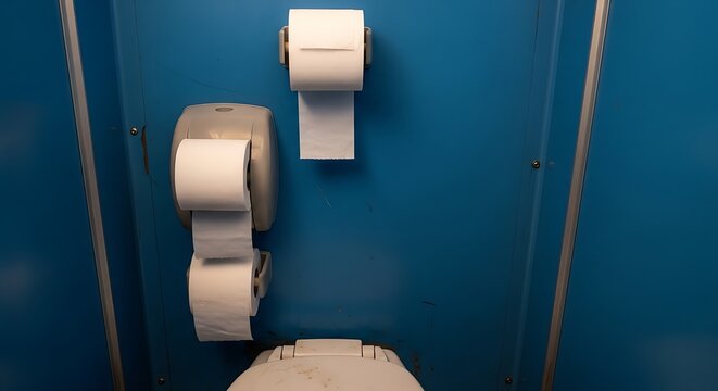 White Toilet Paper Rolls Hanging on Blue Bathroom Stall Wall