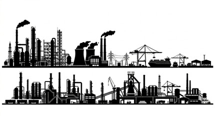 Industrial factory silhouette with smokestacks and cranes. © Bean