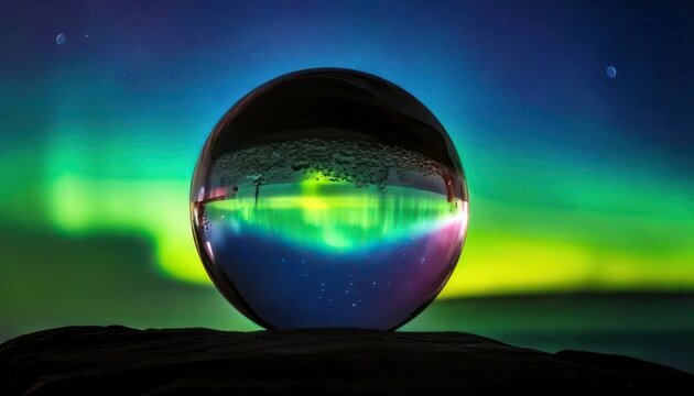 Aurora Borealis captured in a crystal ball, a mesmerizing display of natures beauty.