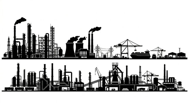 Industrial factory silhouette with smokestacks and cranes.
