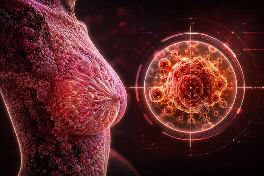 Close-up of a cancerous breast tumor visualized with microscopic detail and a digital targeting reticle red tones red color pink tones dark background red glowing abstract patt