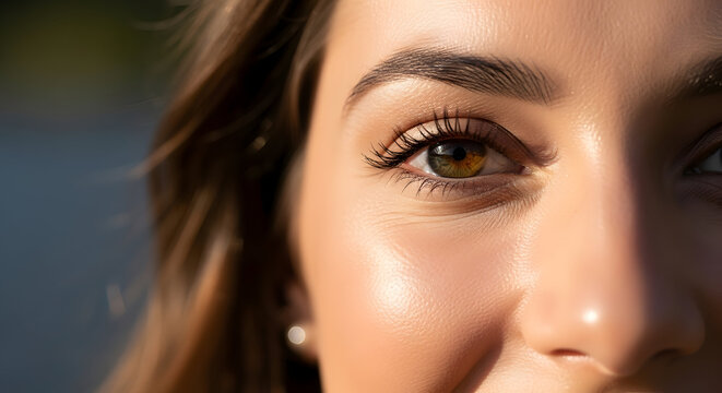 Close up of a woman with hazel eyes looking at camera in natural light