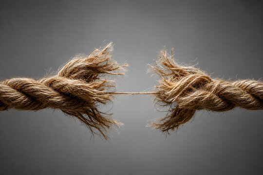 Close-up macro shot of a frayed rope at the breaking point against a neutral background with breaking close-up material background separating pressure difficulty challenge