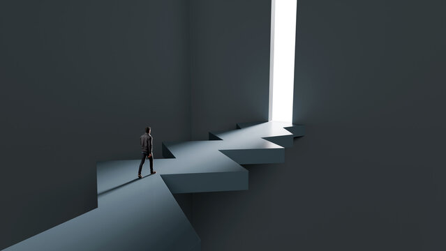 Man walking on zigzag path towards bright glowing doorway representing complex business strategy and navigation, 3d render