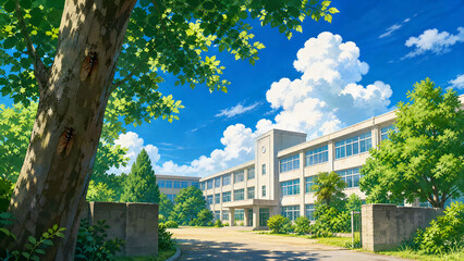 Fototapeta premium Serene Anime Style Japanese School Campus with Lush Green Trees, Bright Blue Sky, Fluffy White Clouds, and Sunlit Modern Building in a Peaceful Summer Day