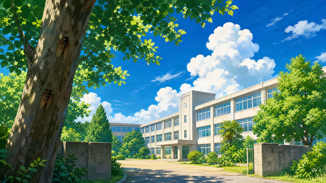 Serene Anime Style Japanese School Campus with Lush Green Trees, Bright Blue Sky, Fluffy White Clouds, and Sunlit Modern Building in a Peaceful Summer Day