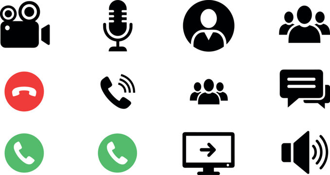 Communication and media icons set flat vector collection with call buttons microphone video chat user and audio interface symbols