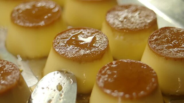 Preparing sweet caramel flan in the kitchen