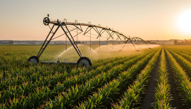Center pivot irrigation watering corn field at sunset