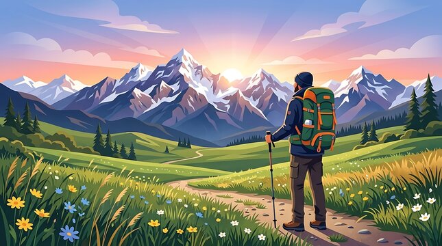 Solo Hiker with Backpack Standing on Mountain Trail at Sunrise