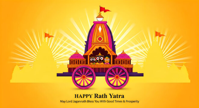 Happy rath yatra festival celebration with lord jagannath chariot illustration on a vibrant orange background