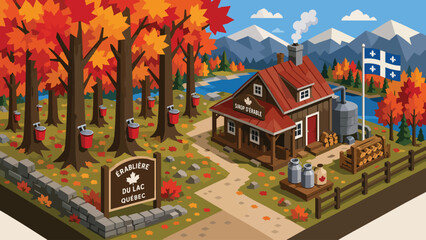 Naklejka premium Isometric Illustration of a Quebec Maple Syrup Farm with a Traditional Sugar Shack, Sap Buckets, and Autumn Forest Landscape in Canada