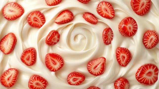 Freshly sliced strawberries artfully arranged on swirled creamy white background