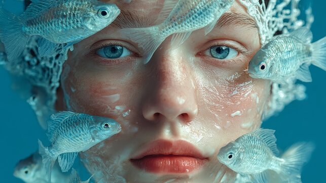 Surreal portrait of a woman underwater surrounded by swimming fish, hyper-realistic blue and white tones, playful expressions, minimal retouching, surreal fashion editorial, floating in calm water