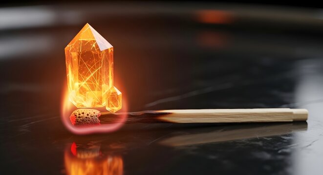 A burning matchstick ignites a vibrant orange crystal on a dark surface