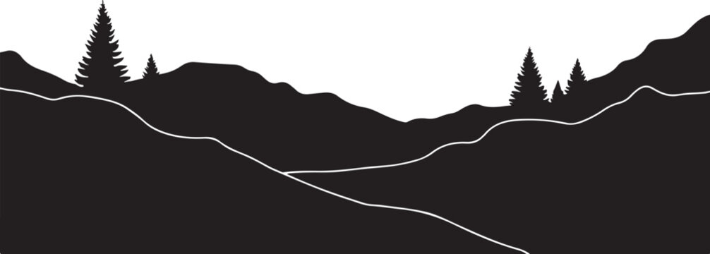 Mountain landscape silhouette, black hills, pine trees, white background, vector illustration
