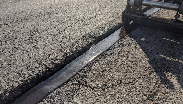 Medium shot capturing edge seal process on asphalt seam highlighting smooth compaction and material bonding under sunlight.