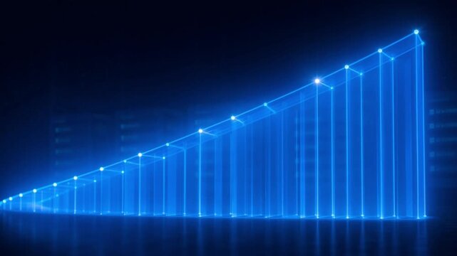 Glowing blue graph with bars and line chart on dark background with cityscape