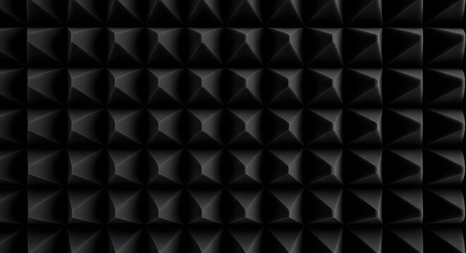 The image displays a close-up view of a black acoustic panel with a grid of pyramid-shaped protrusions.