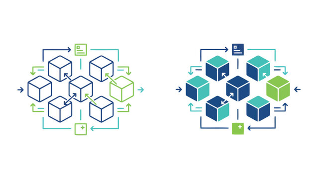 Blockchain technology decentralized network nodes icon set with connected blocks and process arrows for distributed ledger systems in outline and solid vector graphic illustration style
