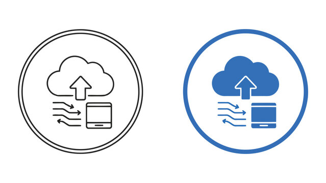 Cloud upload icon with mobile device integration and data flow arrows in a professional blue circular frame vector graphic for mobile application synchronization and cloud storage services