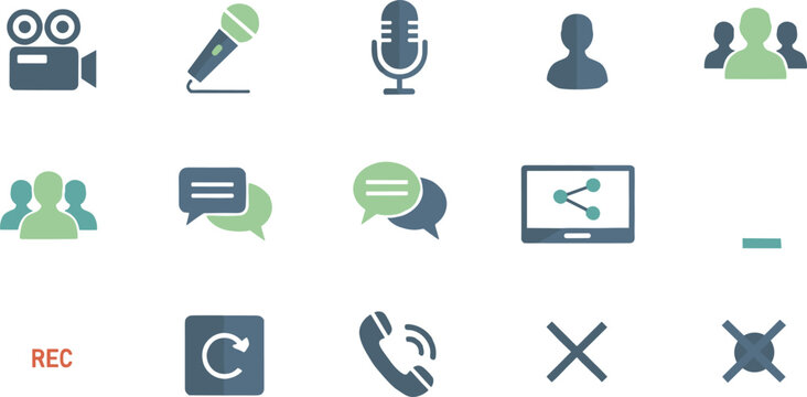 Communication media icon set flat color vector collection audio video call chat recording symbols for web UI app design