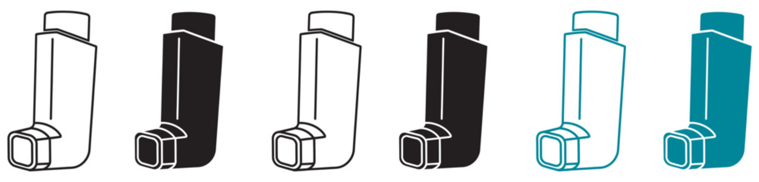 Asthma inhaler medical icon set, respiratory healthcare and allergy treatment symbols.