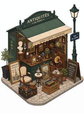 Vintage French Antique Shop Illustration, Isometric View of a Parisian Curio Store with Retro Art, Furniture, and Collectibles