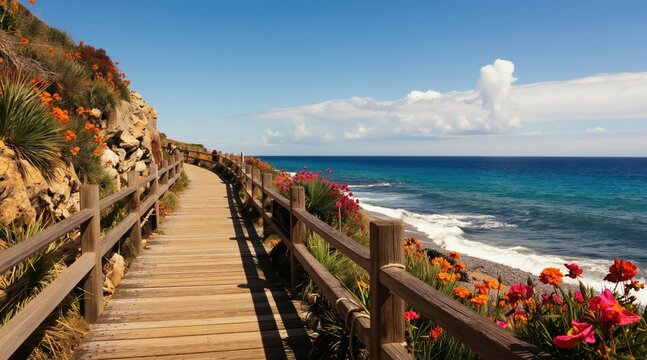 Wooden walkway winds along rocky coast past colorful flowers. Bright blue ocean waves crash on shore under clear sky. Sunny day invites peaceful seaside stroll.