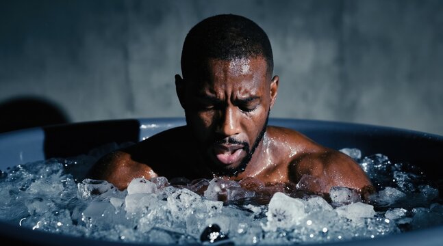 Man sits in ice bath after workout. Athlete recovers body in cold water tub. Fitness male uses cryotherapy for muscle pain relief after sports training. Cool down session.