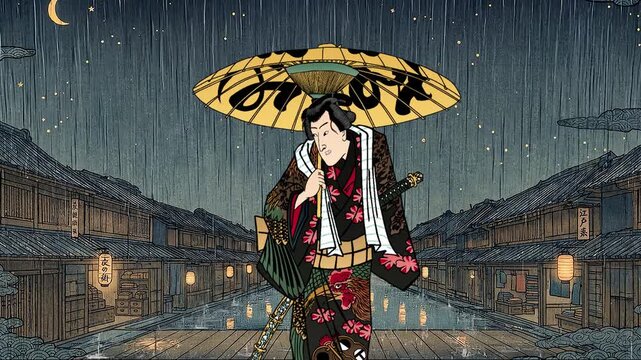 雨の中、和傘を差して立つ歌舞伎役者