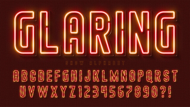 Retro multicolored light alphabet design, cabaret, neon gas lamps letters and numbers.