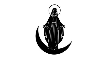 Virgin Mary silhouette stands gracefully above a crescent moon symbol representing divine feminine energy and spiritual devotion. © Mezzy