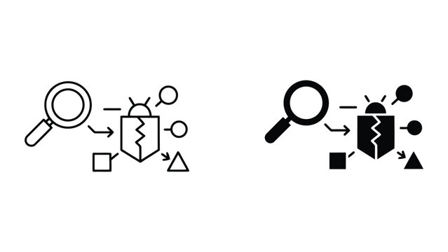 Cyber security threat detection and bug fixing icons featuring magnifying glass and broken digital shield for software vulnerability analysis and IT system troubleshooting concepts