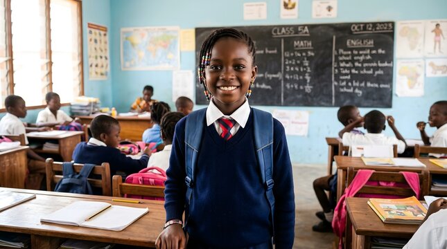 Smiling African schoolgirl in classroom with classmates and blackboard.