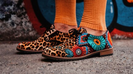 Obraz premium Pair of shoes with colorful animal, floral patterns. One shoe leopard print, features embroidered flowers, tribal designs against graffiti wall background. Vibrant footwear for fashion statement.