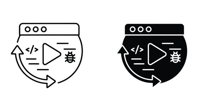 Software debugging and code deployment cycle icon showing browser window with bug icon and code tags within circular arrow loop representing error fixing and iterative development process