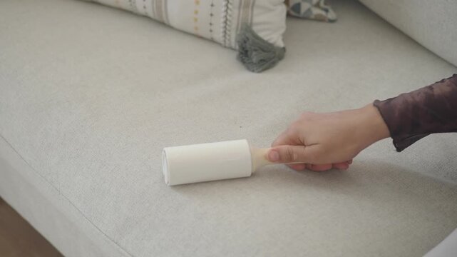Removing lint from sofa using a lint roller